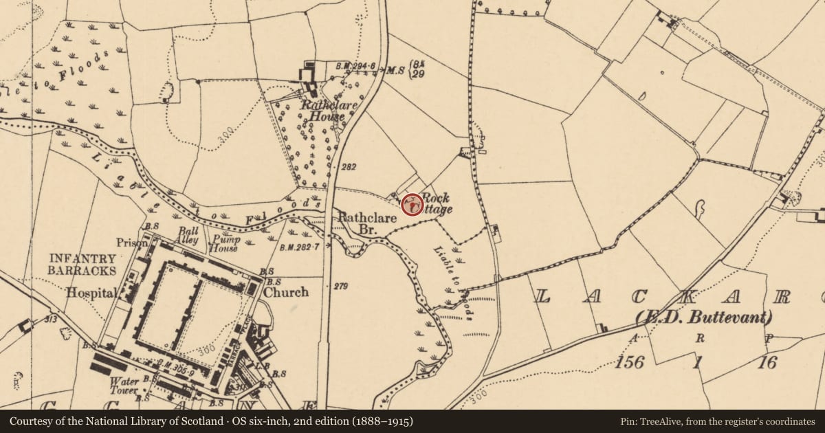 Ordnance Survey six-inch map, 2nd edition (1888–1915) covering the location of Standing stone, Rathclare, County Cork, with a pin at the register's coordinates