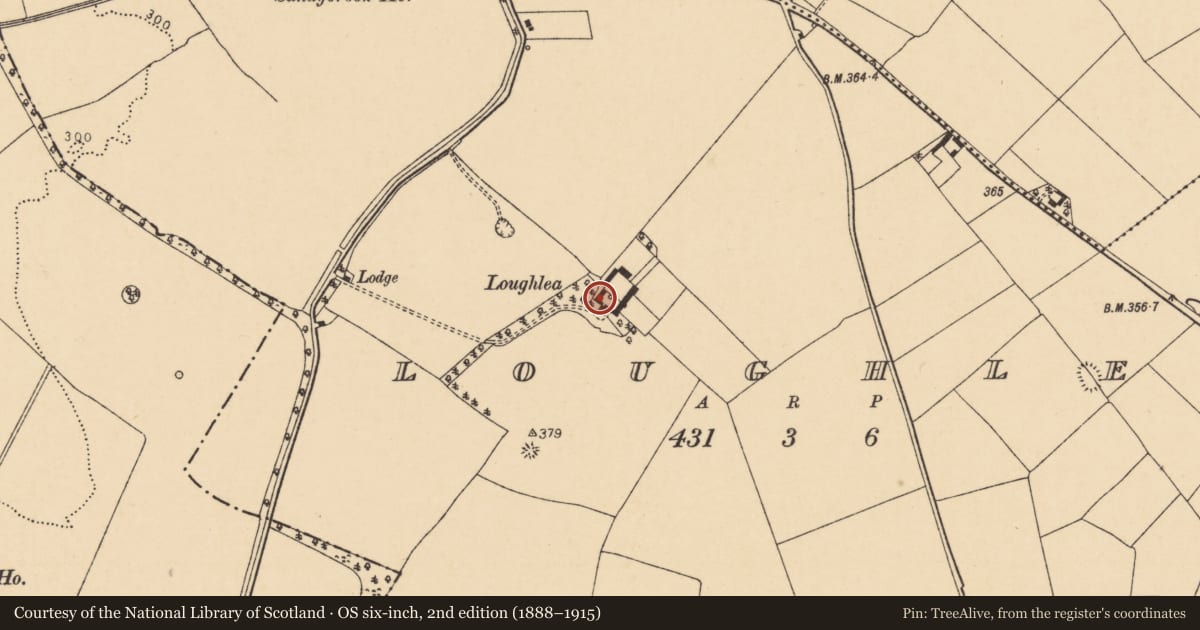Ordnance Survey six-inch map, 2nd edition (1888–1915) covering the location of Country house, Loughlea, County Cork, with a pin at the register's coordinates