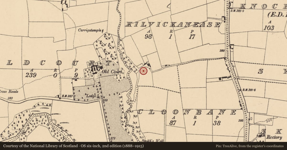 Ordnance Survey six-inch map, 2nd edition (1888–1915) covering the location of Burial ground, Kilvickanease, County Cork, with a pin at the register's coordinates