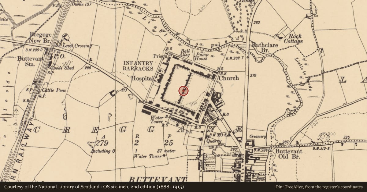 Ordnance Survey six-inch map, 2nd edition (1888–1915) covering the location of Barracks, Creggane, County Cork, with a pin at the register's coordinates