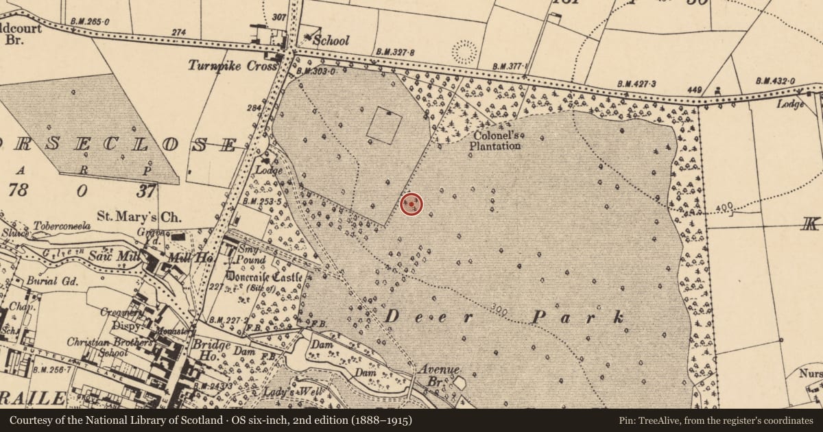 Ordnance Survey six-inch map, 2nd edition (1888–1915) covering the location of Enclosure, Demesne, County Cork, with a pin at the register's coordinates
