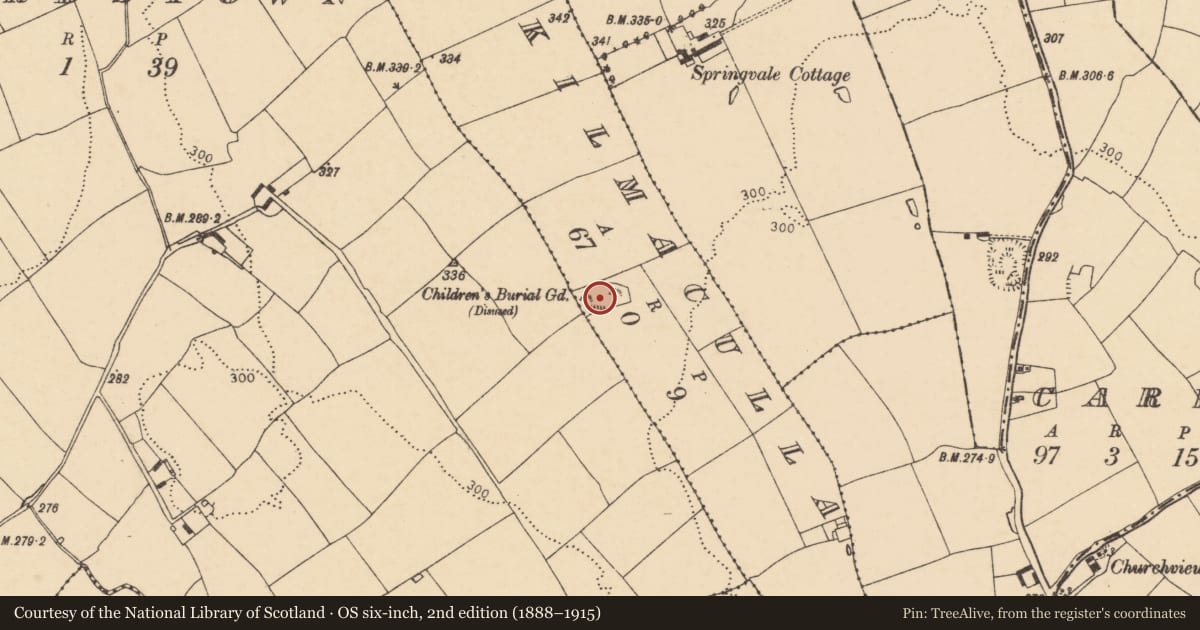 Ordnance Survey six-inch map, 2nd edition (1888–1915) covering the location of Bullaun stone, Kilmaculla, County Cork, with a pin at the register's coordinates
