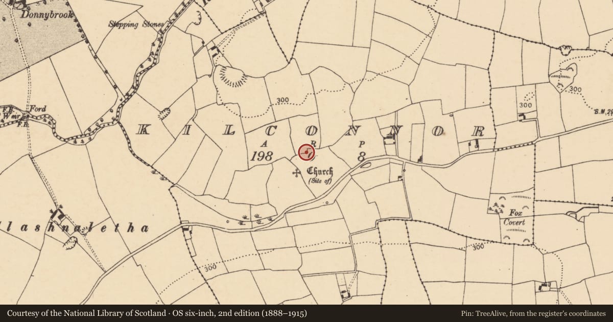 Ordnance Survey six-inch map, 2nd edition (1888–1915) covering the location of Ecclesiastical enclosure, Kilconnor, County Cork, with a pin at the register's coordinates