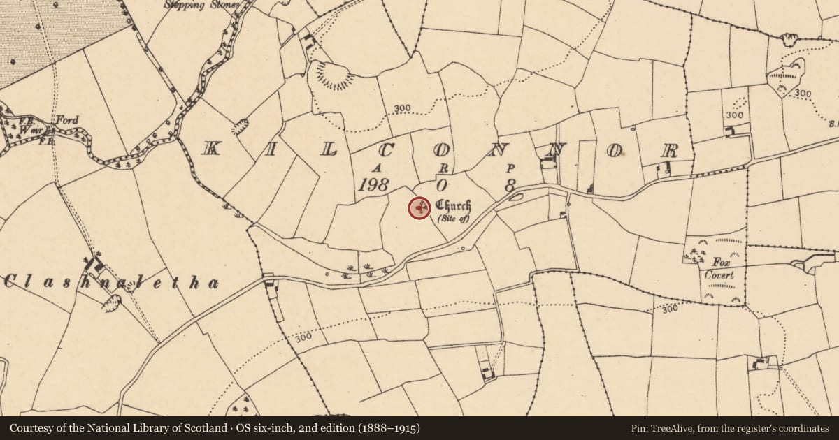 Ordnance Survey six-inch map, 2nd edition (1888–1915) covering the location of Church, Kilconnor, County Cork, with a pin at the register's coordinates