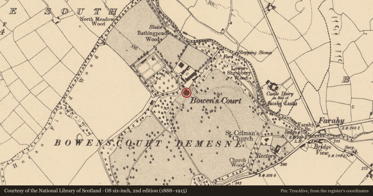 Ordnance Survey six-inch map, 2nd edition (1888–1915) covering the location of Country house, Farahy, County Cork, with a pin at the register's coordinates
