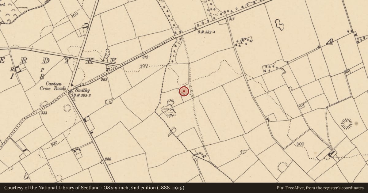 Ordnance Survey six-inch map, 2nd edition (1888–1915) covering the location of Moated site, Farahy, County Cork, with a pin at the register's coordinates