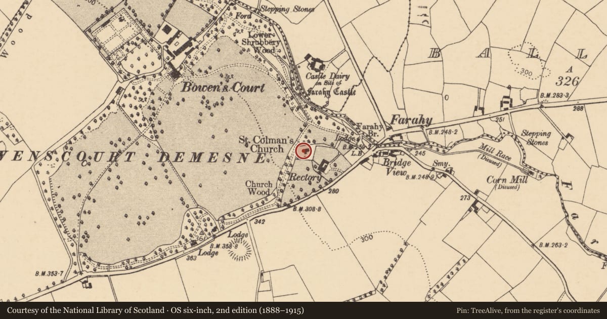 Ordnance Survey six-inch map, 2nd edition (1888–1915) covering the location of Church, Farahy, County Cork, with a pin at the register's coordinates