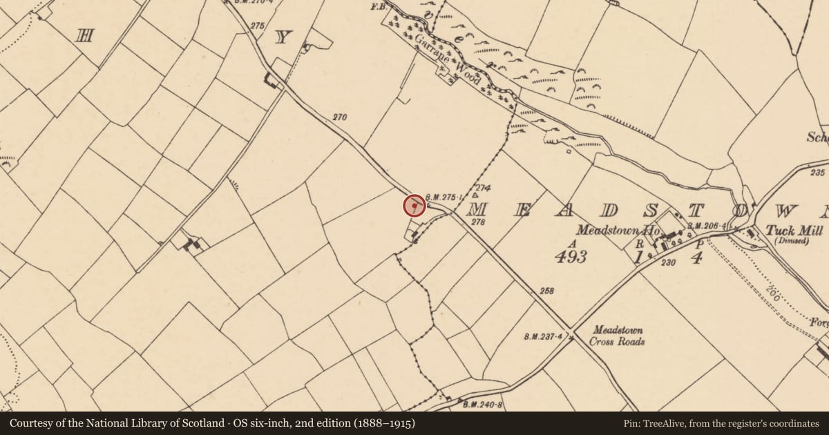 Ordnance Survey six-inch map, 2nd edition (1888–1915) covering the location of Mass-rock, Farahy, County Cork, with a pin at the register's coordinates