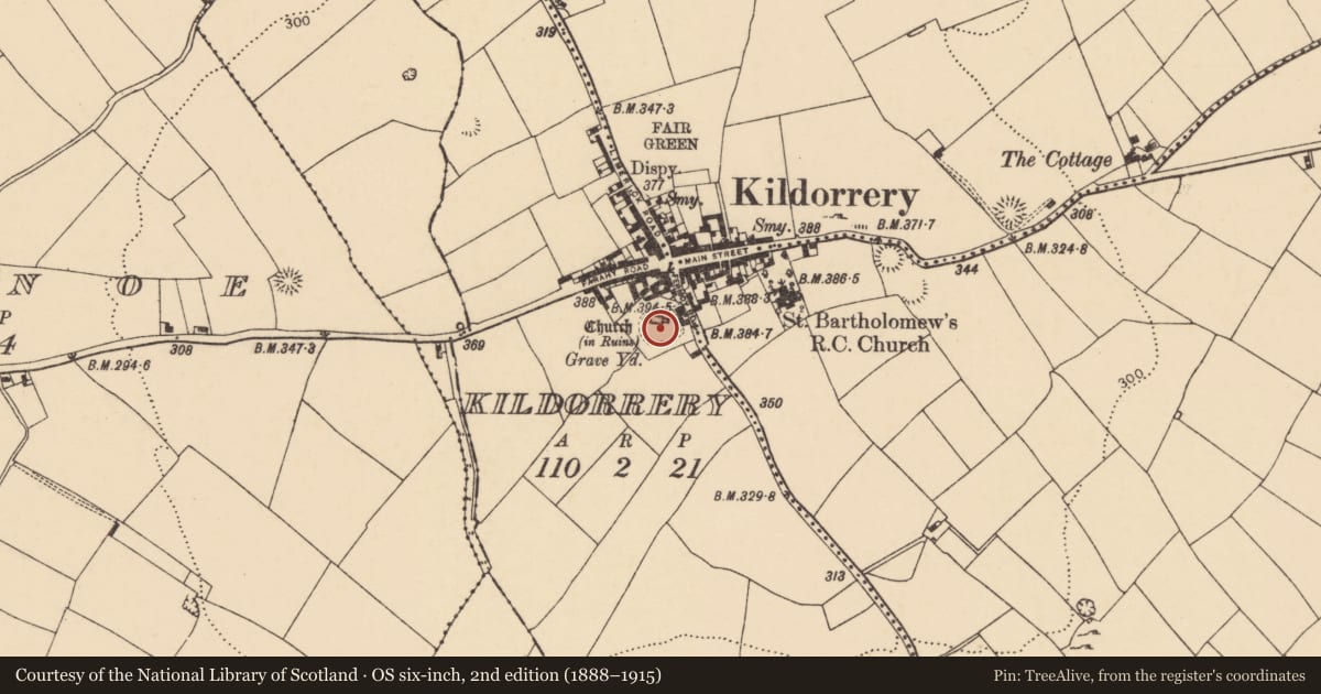 Ordnance Survey six-inch map, 2nd edition (1888–1915) covering the location of Graveyard, Kildorrery, County Cork, with a pin at the register's coordinates