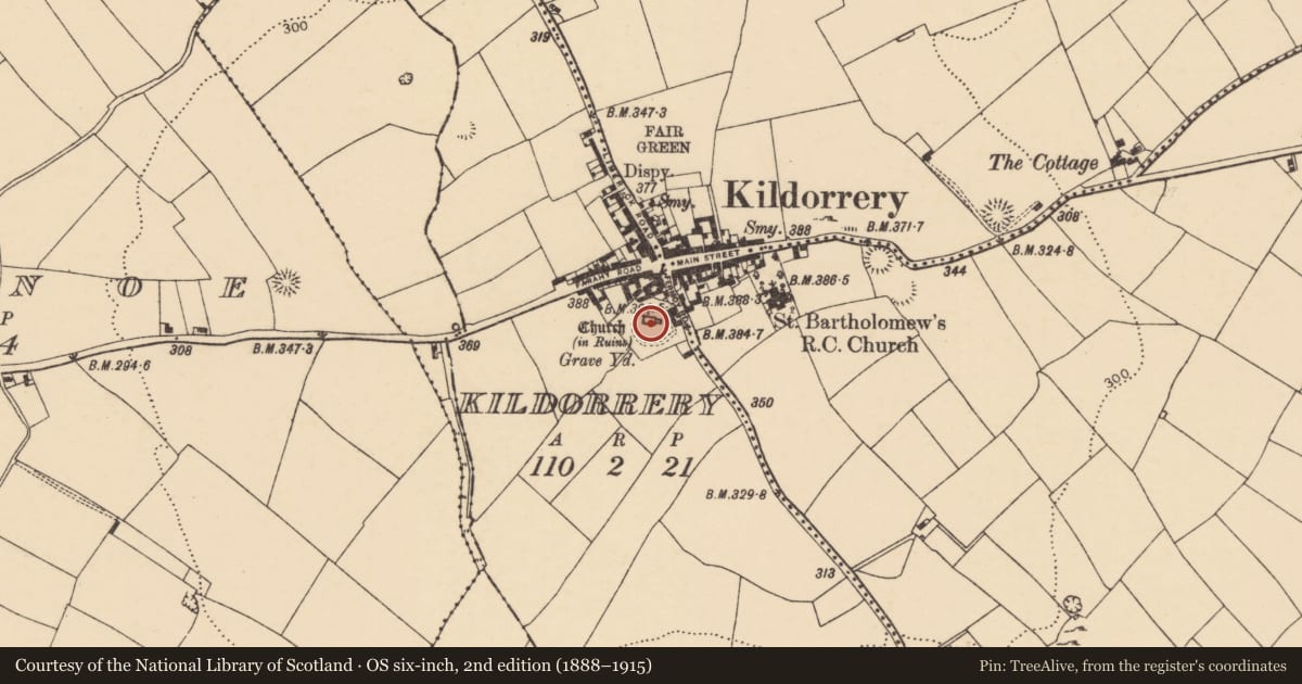 Ordnance Survey six-inch map, 2nd edition (1888–1915) covering the location of Church, Kildorrery, County Cork, with a pin at the register's coordinates