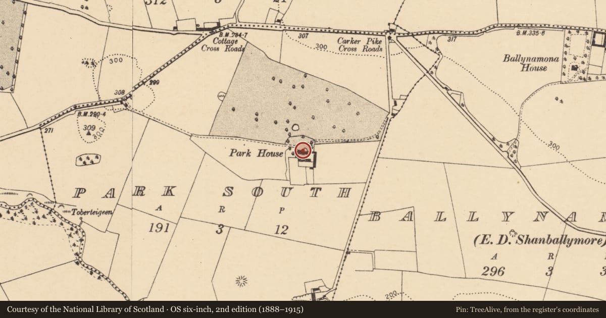 Ordnance Survey six-inch map, 2nd edition (1888–1915) covering the location of Country house, Park South, County Cork, with a pin at the register's coordinates