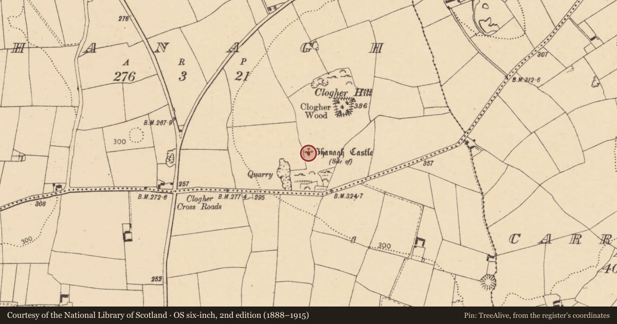 Ordnance Survey six-inch map, 2nd edition (1888–1915) covering the location of Castle - unclassified, Shanagh, County Cork, with a pin at the register's coordinates