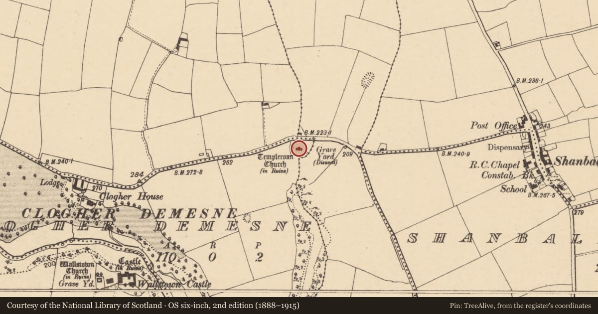Ordnance Survey six-inch map, 2nd edition (1888–1915) covering the location of Graveyard, Clogher Demesne, County Cork, with a pin at the register's coordinates