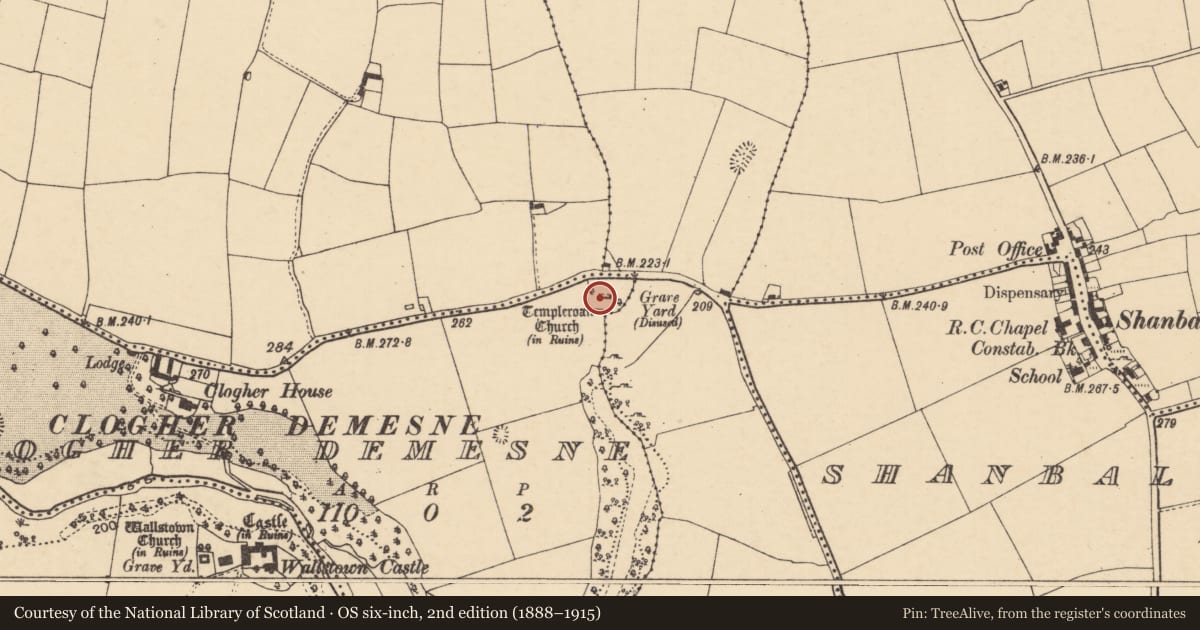 Ordnance Survey six-inch map, 2nd edition (1888–1915) covering the location of Church, Clogher Demesne, County Cork, with a pin at the register's coordinates