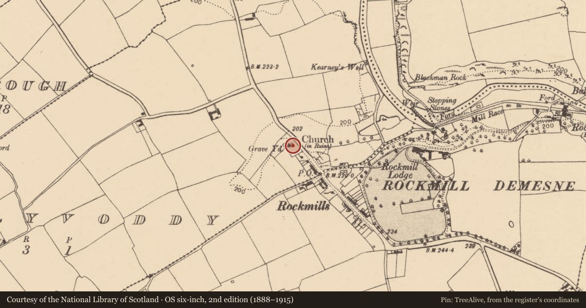 Ordnance Survey six-inch map, 2nd edition (1888–1915) covering the location of Graveyard, Ballyvoddy, County Cork, with a pin at the register's coordinates
