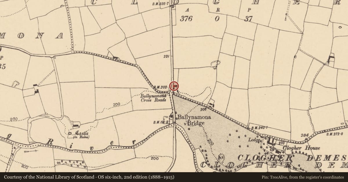 Ordnance Survey six-inch map, 2nd edition (1888–1915) covering the location of House - vernacular house, Clogher, County Cork, with a pin at the register's coordinates