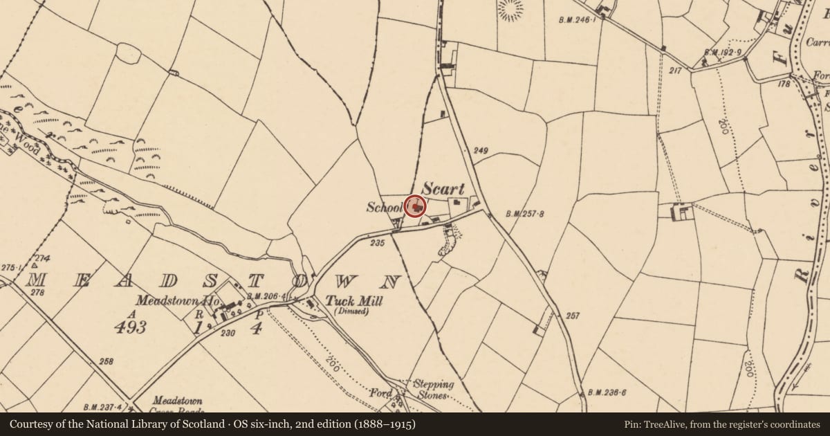 Ordnance Survey six-inch map, 2nd edition (1888–1915) covering the location of School, Scart, County Cork, with a pin at the register's coordinates