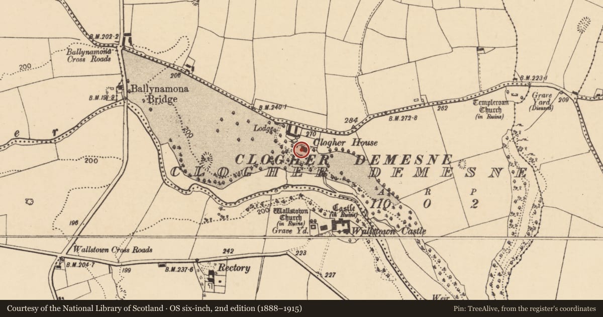 Ordnance Survey six-inch map, 2nd edition (1888–1915) covering the location of Country house, Clogher Demesne, County Cork, with a pin at the register's coordinates