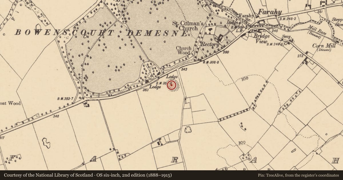 Ordnance Survey six-inch map, 2nd edition (1888–1915) covering the location of Souterrain, Farahy, County Cork, with a pin at the register's coordinates
