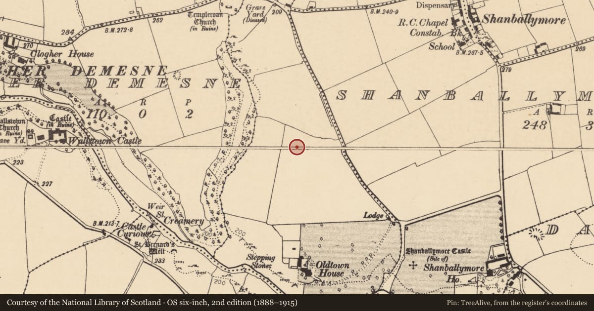 Ordnance Survey six-inch map, 2nd edition (1888–1915) covering the location of Enclosure, Carrigaunroe, County Cork, with a pin at the register's coordinates