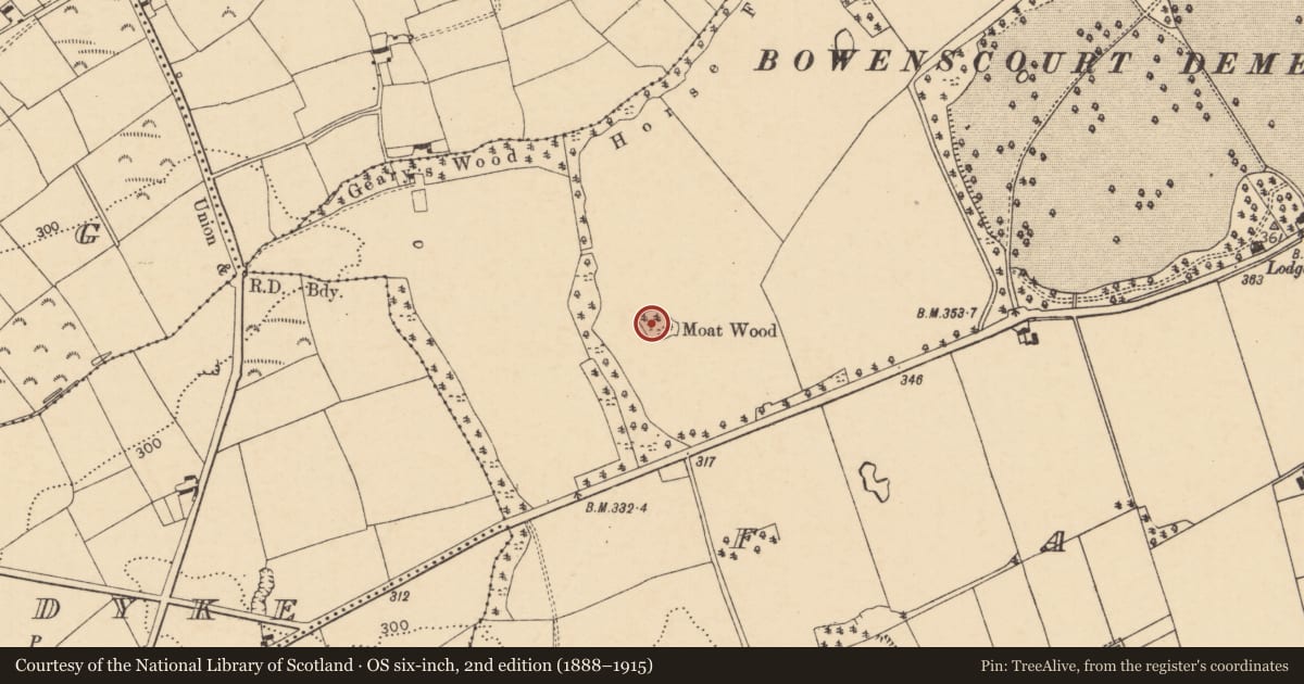 Ordnance Survey six-inch map, 2nd edition (1888–1915) covering the location of Moated site, Farahy, County Cork, with a pin at the register's coordinates