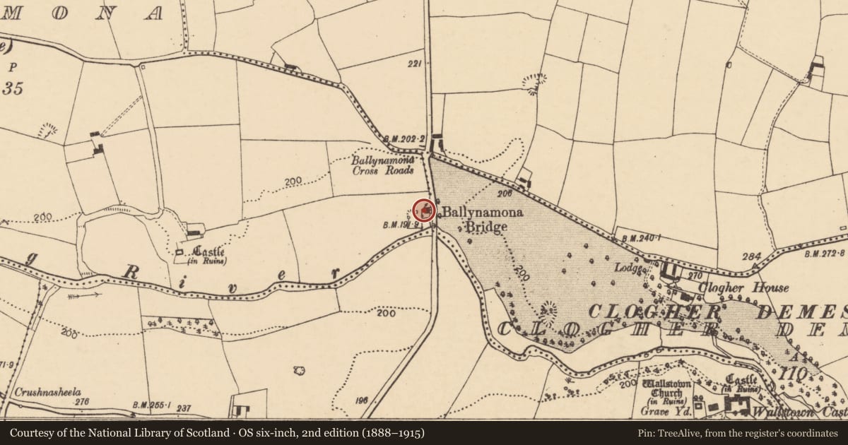 Ordnance Survey six-inch map, 2nd edition (1888–1915) covering the location of Barracks, Clogher Demesne, County Cork, with a pin at the register's coordinates