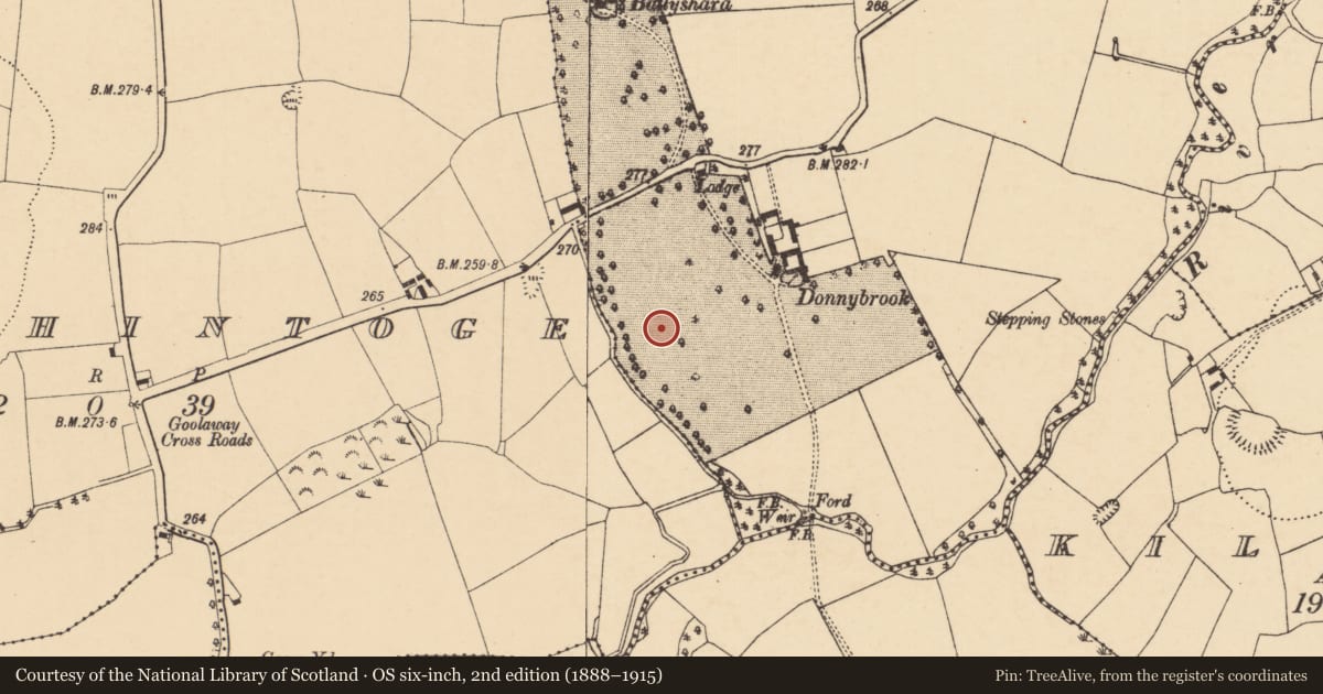 Ordnance Survey six-inch map, 2nd edition (1888–1915) covering the location of Enclosure, Skahanagh More, County Cork, with a pin at the register's coordinates