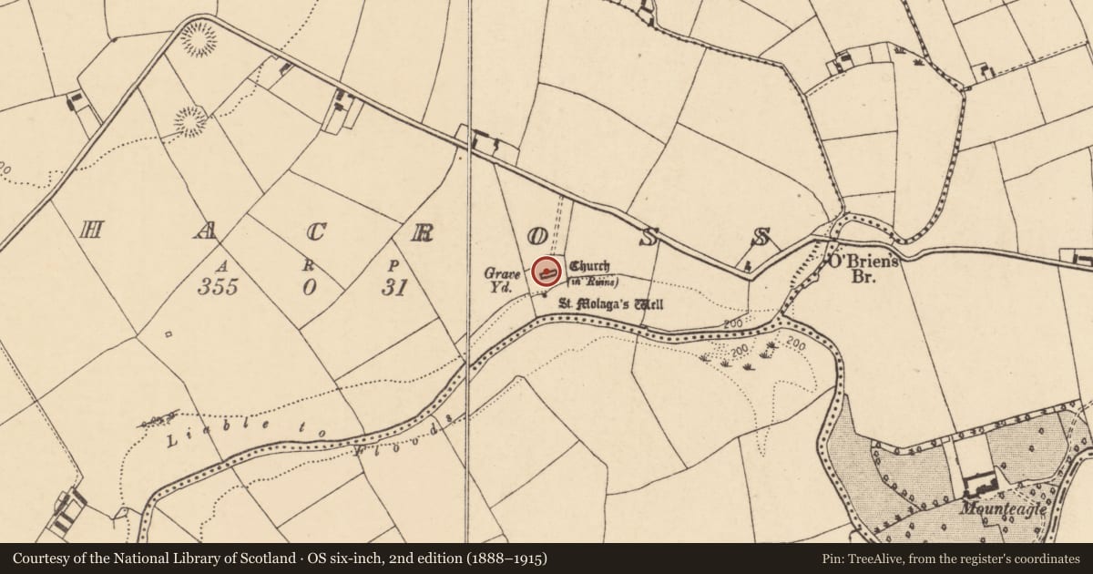 Ordnance Survey six-inch map, 2nd edition (1888–1915) covering the location of Graveyard, Aghacross, County Cork, with a pin at the register's coordinates