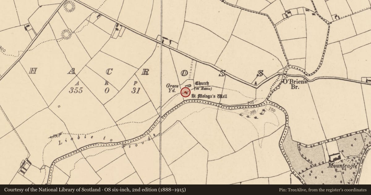 Ordnance Survey six-inch map, 2nd edition (1888–1915) covering the location of Ritual site - holy well, Aghacross, County Cork, with a pin at the register's coordinates