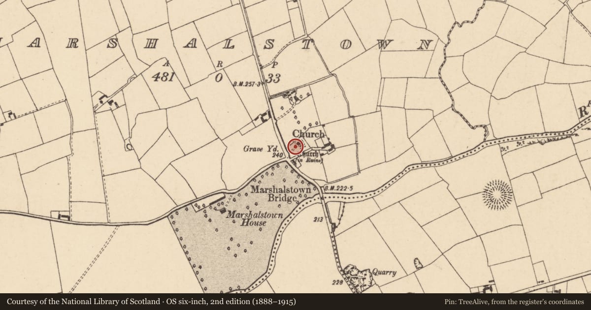 Ordnance Survey six-inch map, 2nd edition (1888–1915) covering the location of Graveyard, Marshalstown, County Cork, with a pin at the register's coordinates