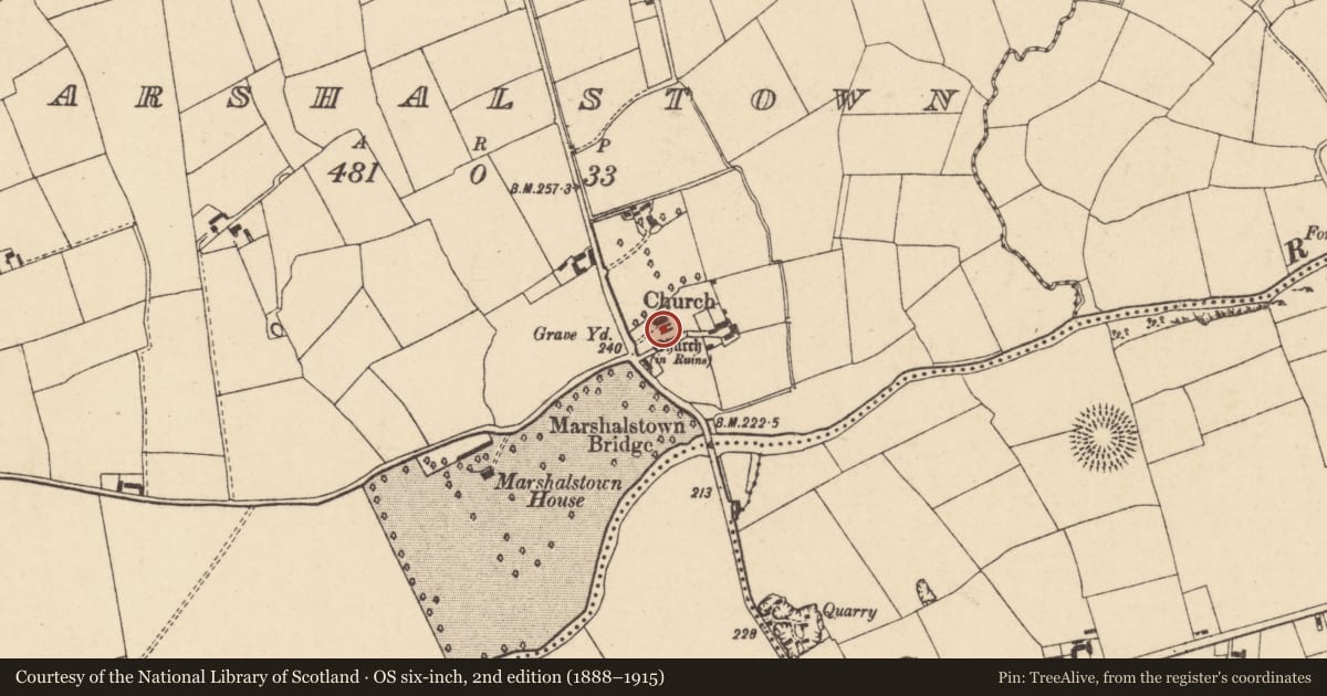 Ordnance Survey six-inch map, 2nd edition (1888–1915) covering the location of Church, Marshalstown, County Cork, with a pin at the register's coordinates