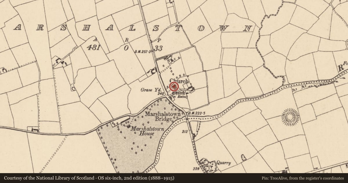 Ordnance Survey six-inch map, 2nd edition (1888–1915) covering the location of Church, Marshalstown, County Cork, with a pin at the register's coordinates