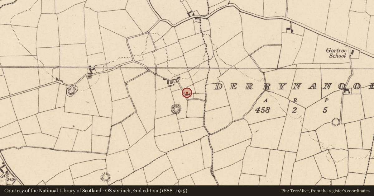 Ordnance Survey six-inch map, 2nd edition (1888–1915) covering the location of House - vernacular house, Curraghgorm, County Cork, with a pin at the register's coordinates