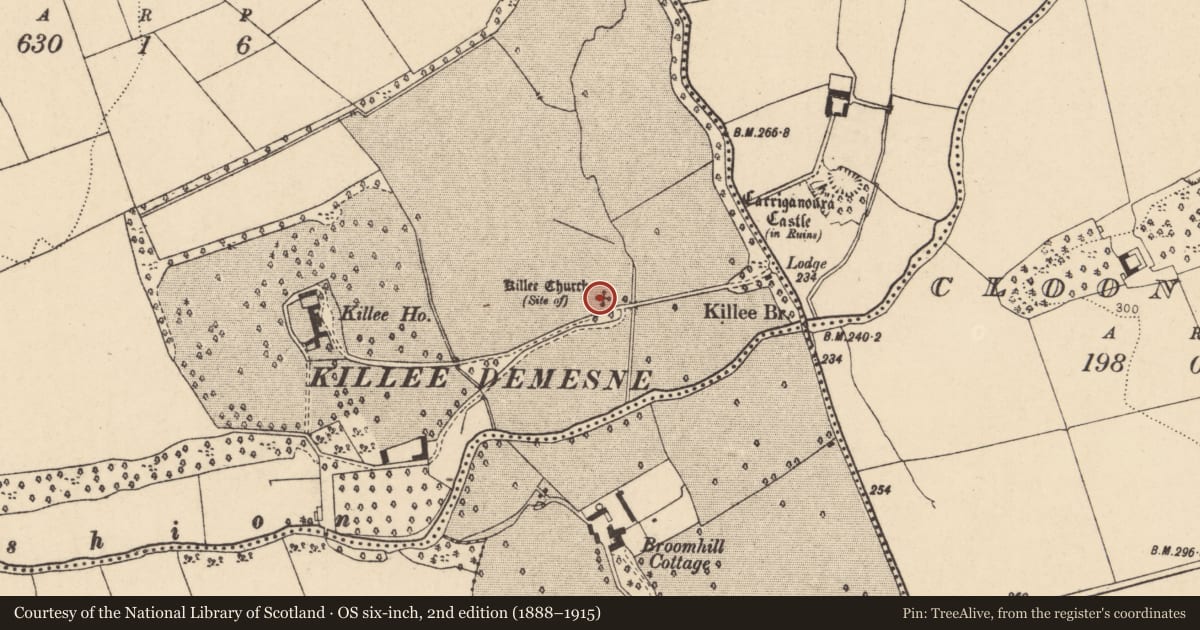 Ordnance Survey six-inch map, 2nd edition (1888–1915) covering the location of Graveyard, Killee, County Cork, with a pin at the register's coordinates