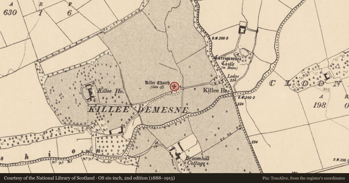 Ordnance Survey six-inch map, 2nd edition (1888–1915) covering the location of Church, Killee, County Cork, with a pin at the register's coordinates