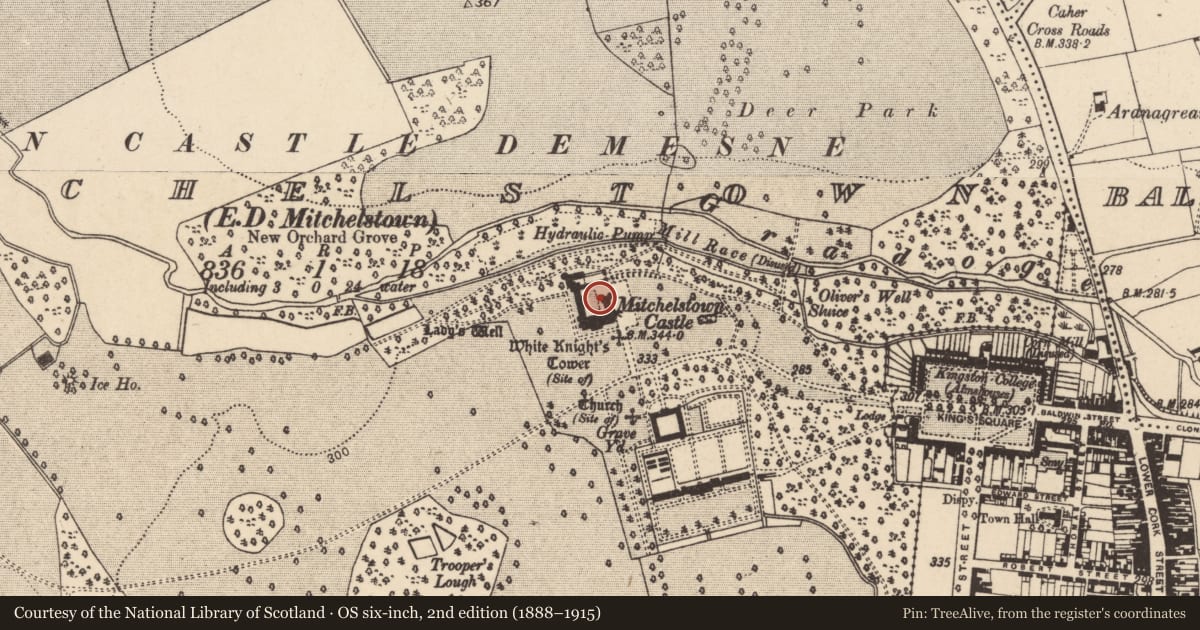Ordnance Survey six-inch map, 2nd edition (1888–1915) covering the location of Country house, Mitchelstown, County Cork, with a pin at the register's coordinates
