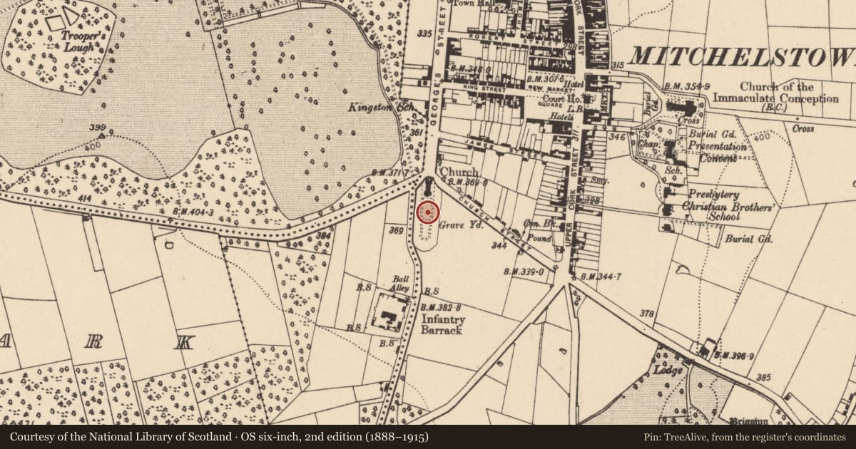 Ordnance Survey six-inch map, 2nd edition (1888–1915) covering the location of Graveyard, Brigown, County Cork, with a pin at the register's coordinates