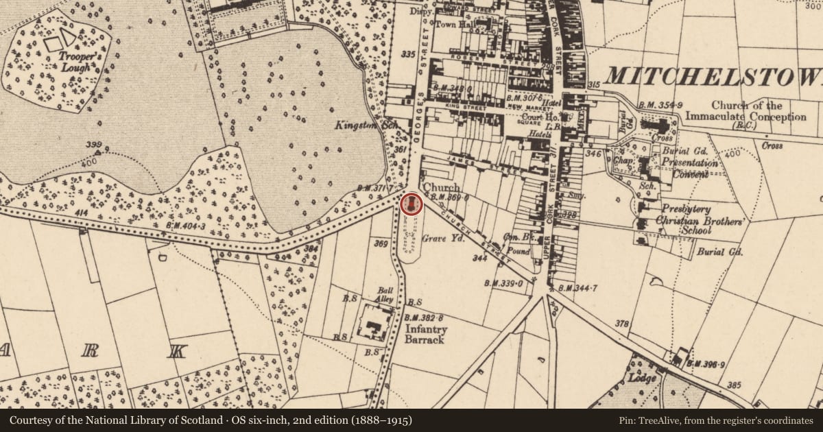 Ordnance Survey six-inch map, 2nd edition (1888–1915) covering the location of Church, Brigown, County Cork, with a pin at the register's coordinates