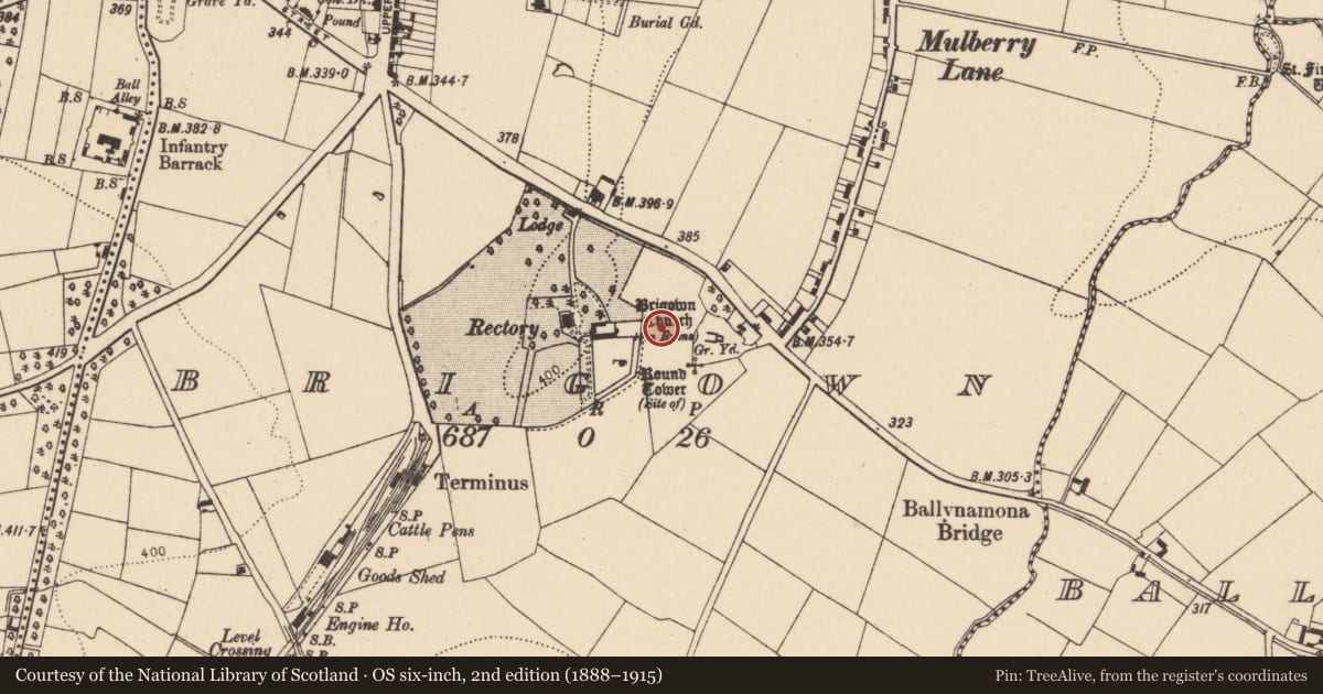 Ordnance Survey six-inch map, 2nd edition (1888–1915) covering the location of Ritual site - holy well, Brigown, County Cork, with a pin at the register's coordinates