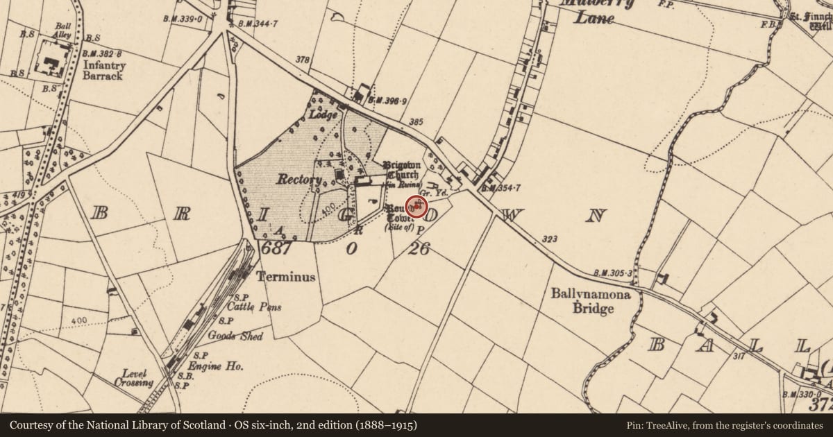 Ordnance Survey six-inch map, 2nd edition (1888–1915) covering the location of Round tower, Brigown, County Cork, with a pin at the register's coordinates