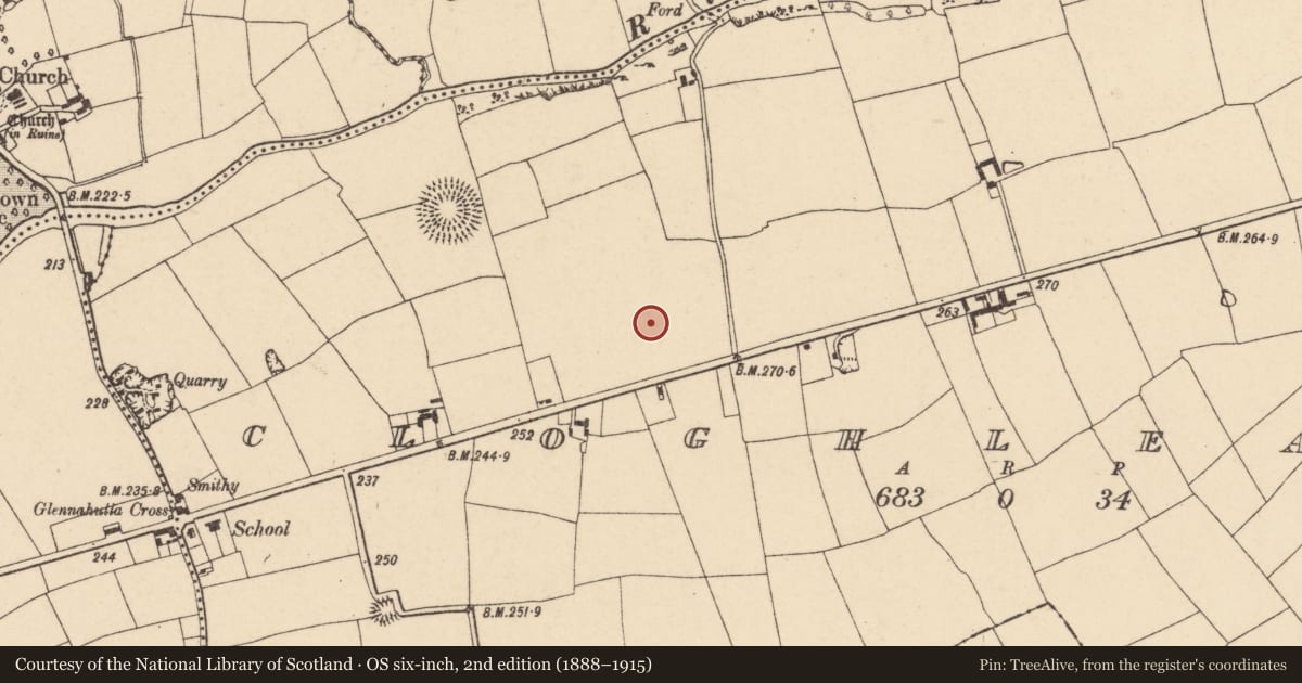 Ordnance Survey six-inch map, 2nd edition (1888–1915) covering the location of Ringfort - rath, Cloghleafin (Condons and Clongibbon By., Kilgullane Par.), County Cork, with a pin at the register's coordinates