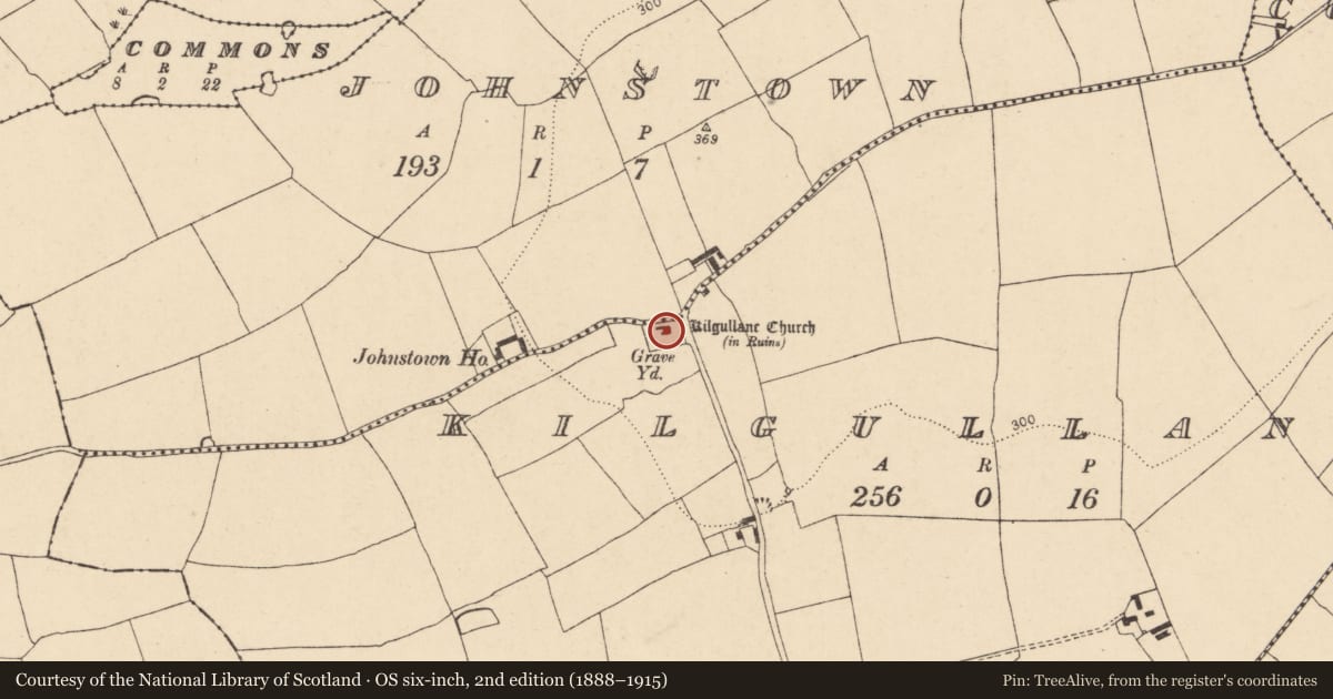 Ordnance Survey six-inch map, 2nd edition (1888–1915) covering the location of Graveyard, Kilgullane, County Cork, with a pin at the register's coordinates