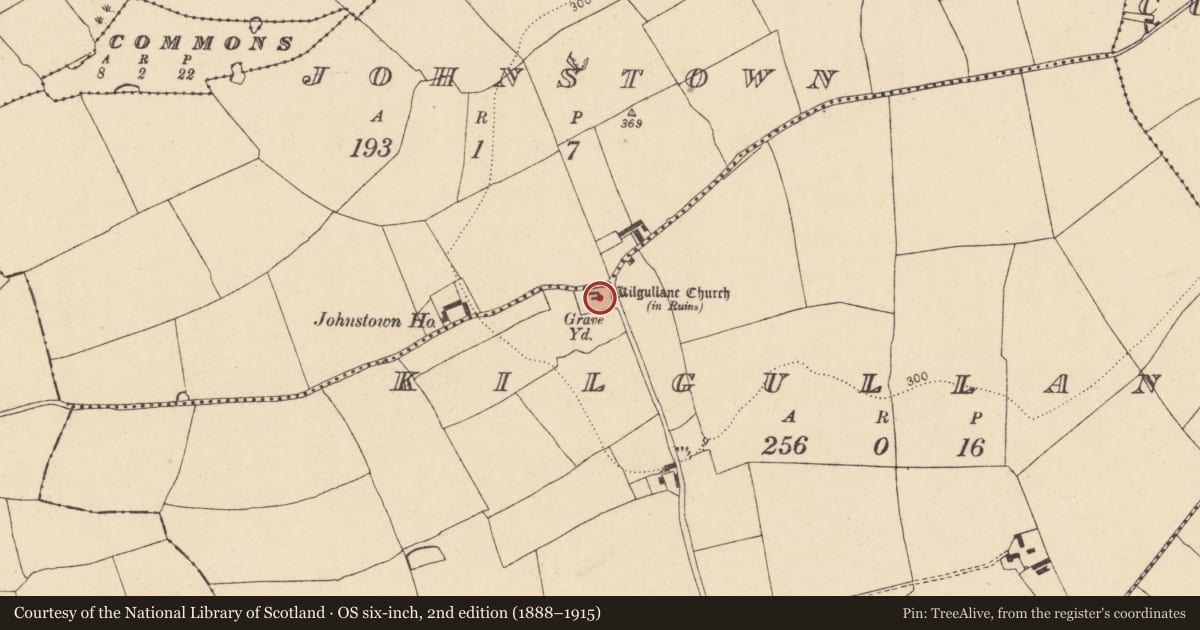 Ordnance Survey six-inch map, 2nd edition (1888–1915) covering the location of Church, Kilgullane, County Cork, with a pin at the register's coordinates
