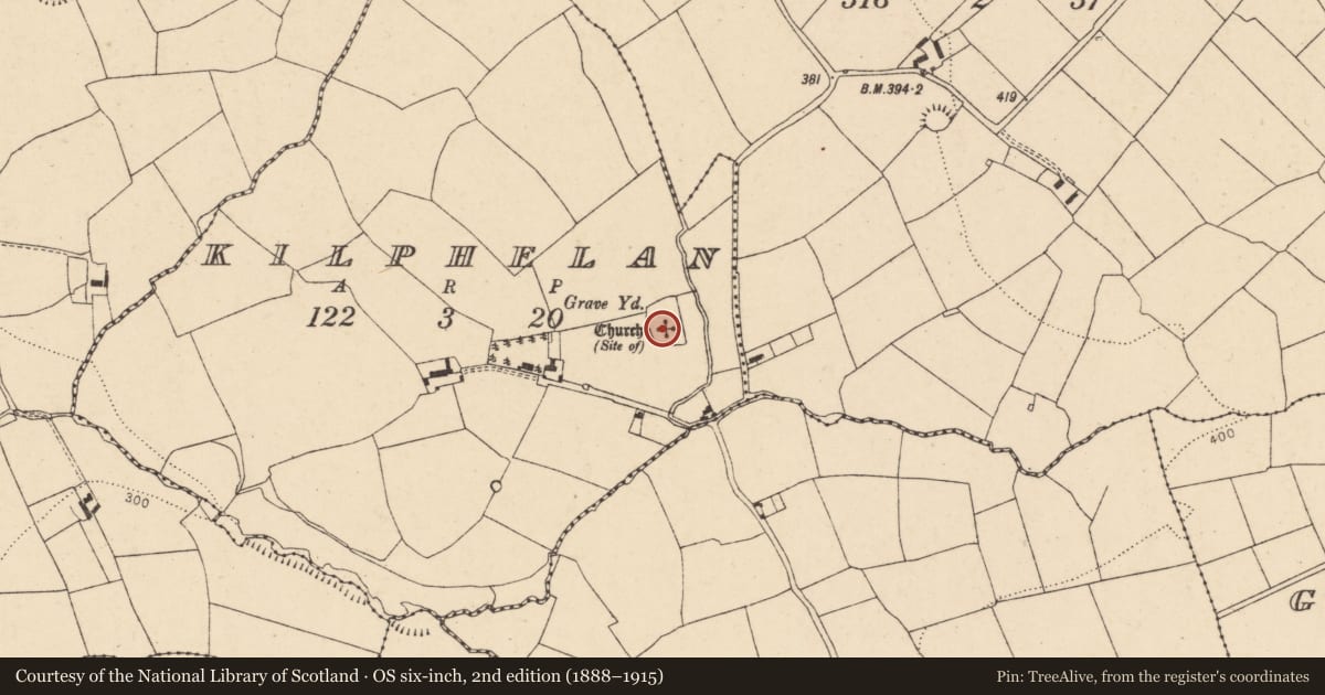 Ordnance Survey six-inch map, 2nd edition (1888–1915) covering the location of Church, Kilphelan, County Cork, with a pin at the register's coordinates
