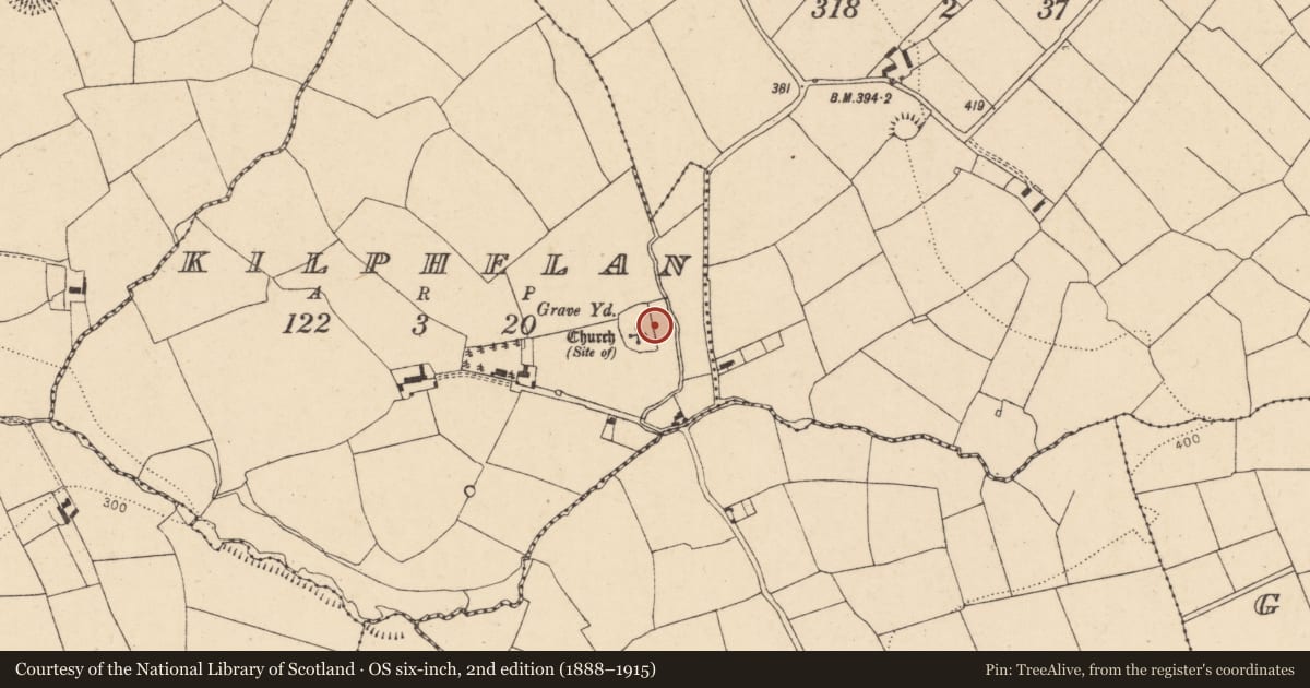 Ordnance Survey six-inch map, 2nd edition (1888–1915) covering the location of Ecclesiastical enclosure, Kilphelan, County Cork, with a pin at the register's coordinates