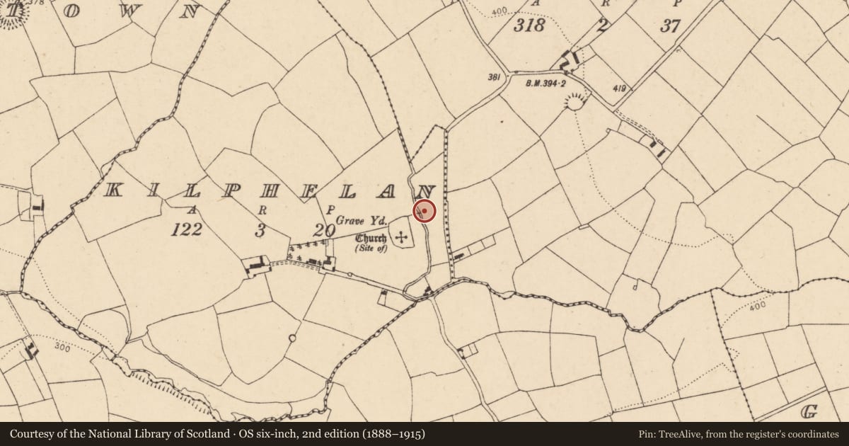 Ordnance Survey six-inch map, 2nd edition (1888–1915) covering the location of Fulacht fia, Kilphelan, County Cork, with a pin at the register's coordinates