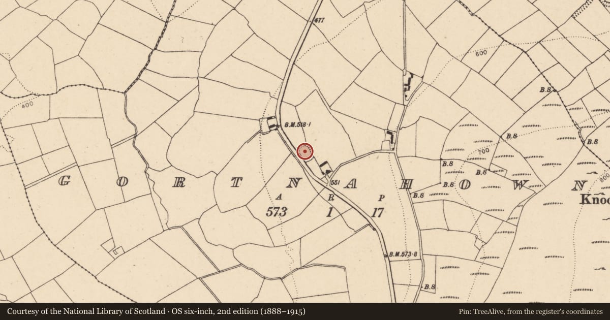Ordnance Survey six-inch map, 2nd edition (1888–1915) covering the location of Ringfort - rath, Gortnahown, County Cork, with a pin at the register's coordinates