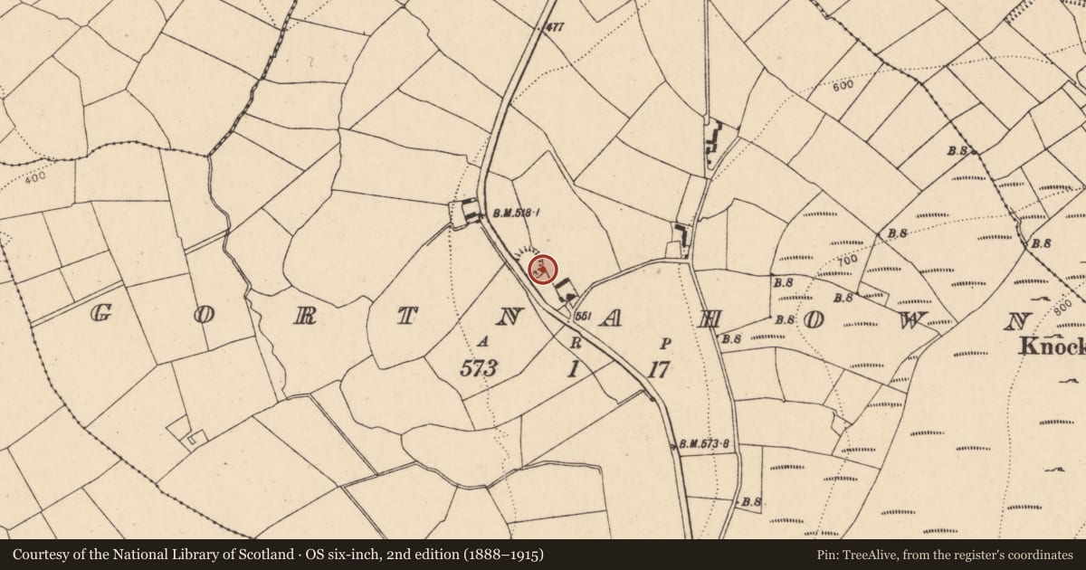 Ordnance Survey six-inch map, 2nd edition (1888–1915) covering the location of Kiln - lime, Gortnahown, County Cork, with a pin at the register's coordinates
