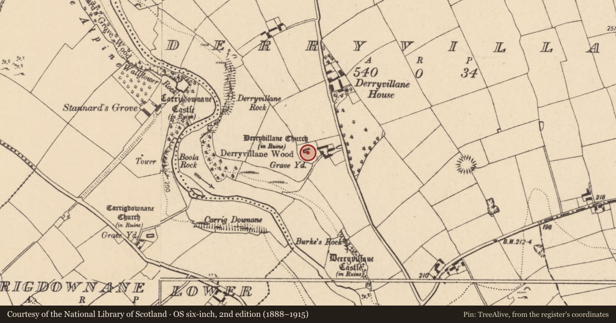 Ordnance Survey six-inch map, 2nd edition (1888–1915) covering the location of Graveyard, Derryvillane, County Cork, with a pin at the register's coordinates