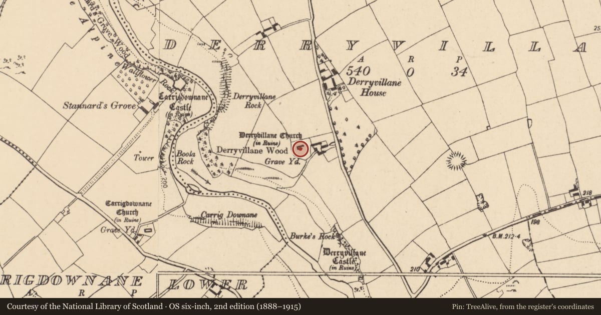 Ordnance Survey six-inch map, 2nd edition (1888–1915) covering the location of Church, Derryvillane, County Cork, with a pin at the register's coordinates
